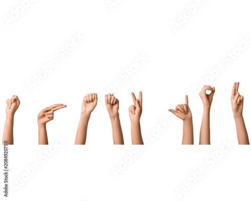 Fotografía Sign language alphabet gestures spelling word on transparent background for non-