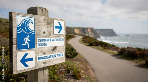 Tsunami Evacuation Route Signage on Coastal Road Leading Towards Cliffs