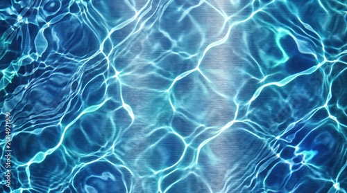 Close up of pool water surface with rippling blue reflections and shimmering light; abstract pattern of waves and texture under bright sunlight creating refreshing summer atmosphere