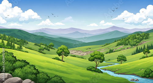 Lush mountain valley landscape with flowing river mountains landscape outdoors environment wilderness