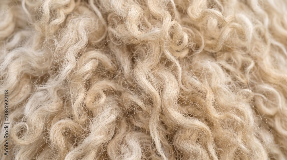 Fototapeta premium Close up curly wool texture showing natural fiber loops and soft fleece surface in neutral beige tones, abstract textile detail for material and craft concept