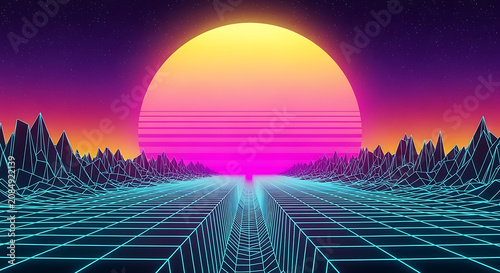 Retro futuristic cityscape with neon grid and large sunset digital art retro wave retro future futuristic cityscape vaporwave synthwave nostalgia cyberpunk landscape background