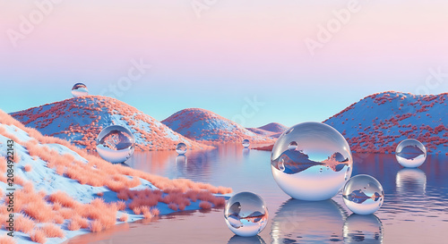 Surreal landscape with reflective spheres on rolling hills digital art pastel colors landscape reflective abstract peaceful otherworldly minimalist metaphor