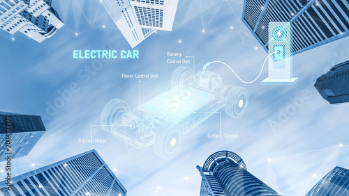 Billede på lærred Structure of electric car showing battery system, traction motor, control units,