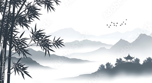 Traditional chinese landscape painting with bamboo and mountains zen garden landscape traditional painting mountains tranquil silhouette monochromatic peaceful ethereal minimalist