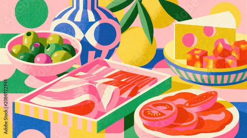 editorial tapas small plates with olives ham cheese geometric composition