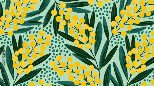 seamless wattle floral pattern in muted yellow and emerald green