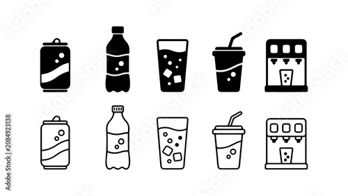 Quadro su tela Beverage Icon Set in Silhouette and Line Art Style