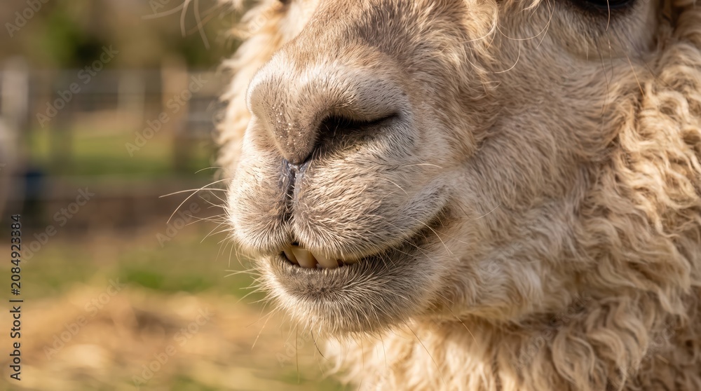 Fototapeta premium Close up of alpaca muzzle and mouth showing textured woolly fur and teeth in straw covered farm setting, detailed shallow depth of field and natural warm tones