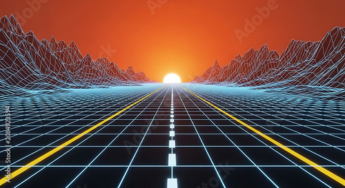Futuristic retro synthwave digital landscape at sunset with synthwave retrowave landscape futuristic technology abstract perspective background computer