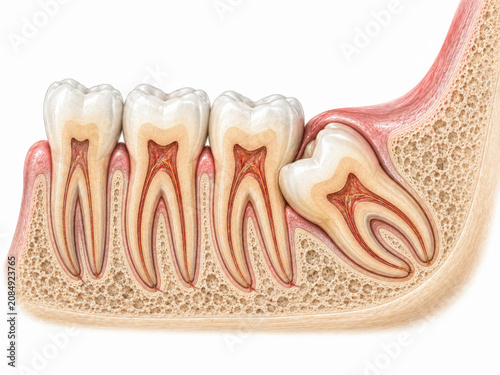 Anatomical cross-section illustration of an impacted wisdom tooth in the lower jawbone, created with Generative AI Technology, ai, generative
