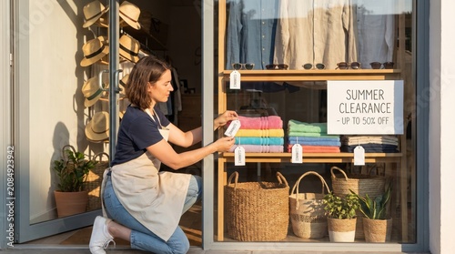 Woman Arranging End Of Summer Retail Clearance Campaign Display