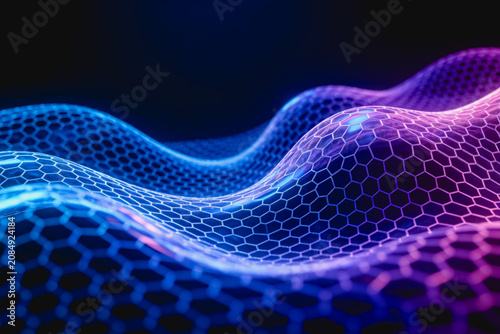A 3D rendered abstract digital waveform with hexagonal graphene-like structure, glowing with blue and purple neon lights.