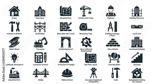 Construction and architecture icon set, 30 black vector symbols for building and engineering, industrial site and home renovation graphics