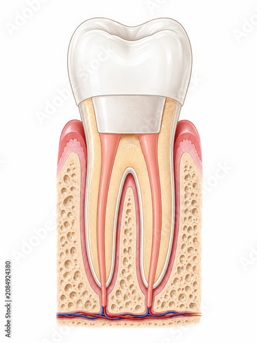 Detailed anatomical cross-section of a human molar tooth with a dental crown, created with Generative AI Technology, ai, generative