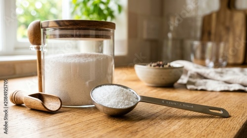 Baking ingredients on wooden kitchen table.