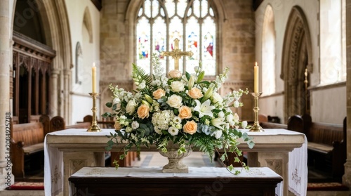 Beautiful flowers on church altar.