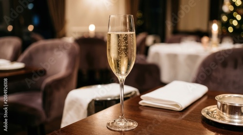 champagne glass on restaurant table setting.