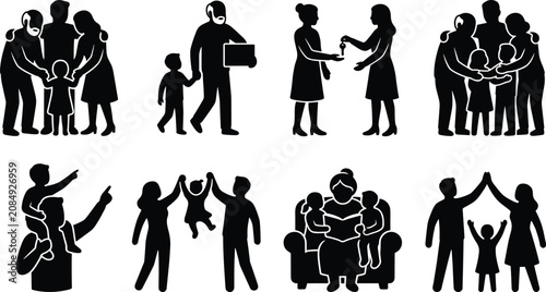 Εκτύπωση καμβά Minimalist solid black silhouette icon set depicting family togetherness parenti
