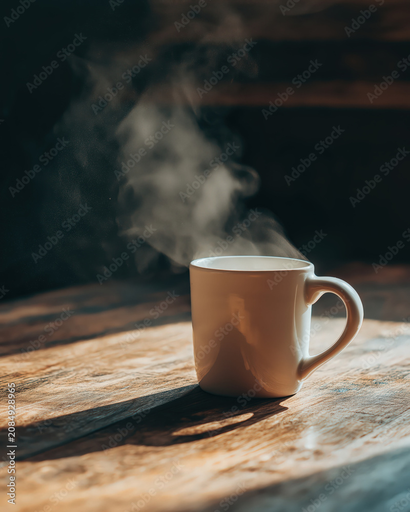 Fototapeta premium White ceramic mug steam hot beverage, morning drink on rustic wooden table