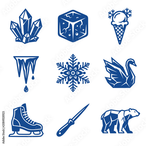 Set of blue winter icons featuring ice and frost symbols
