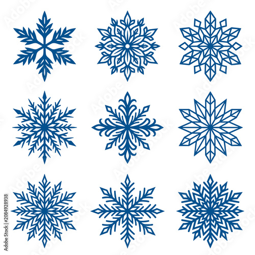 Set of blue frosted snowflake icons for winter decor
