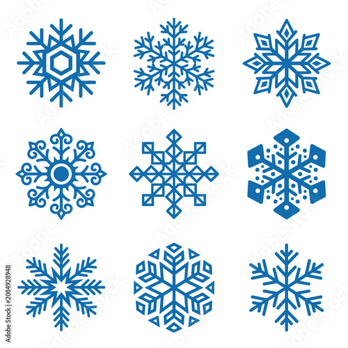 Set of unique blue snowflake icons on white background