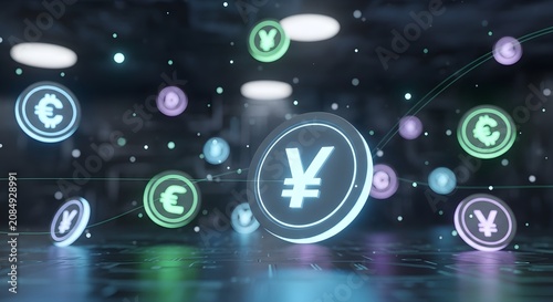 Floating Yen and Euro currency coins in a digital financial market setting