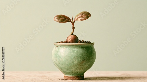 Coffee Plant Seed Sprouting in Green Pot Soft Colors