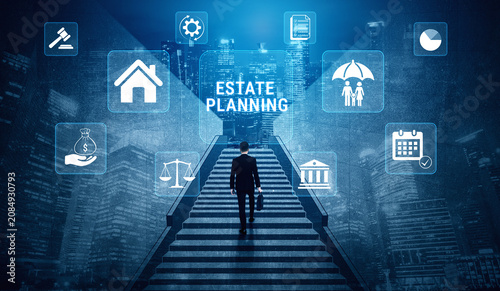 Obraz na płótnie Businessman Walking Up Stairs Surrounded by Icons Representing Different Aspects of Estate Planning and Financial Management in a City Environment