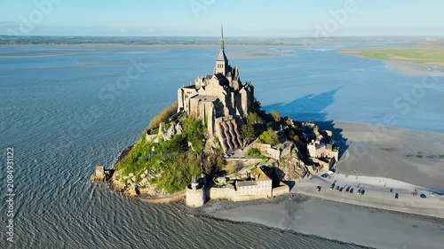 Historic Monastery Mont Saint-Michel tidal island in Normandy, France. Aerial drone view