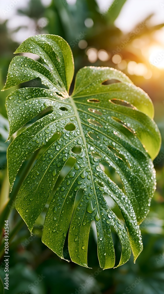 Obraz premium Large green leaf with water droplets glints in sunlight.