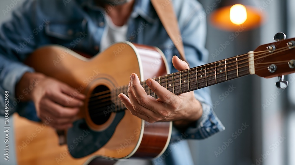 Obraz premium Man plays acoustic guitar, wearing jeans jacket