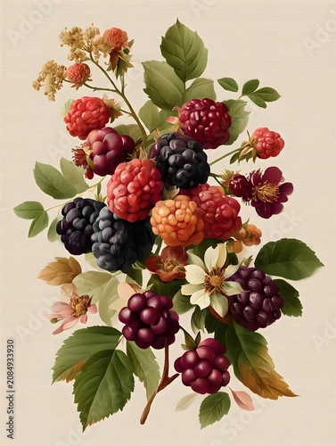 A beautiful illustration of a bouquet of ripe blackberries, raspberries, and flowers in various stages of bloom