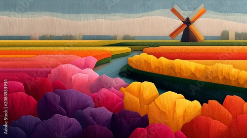 Vibrant tulip fields in full bloom, with a traditional windmill in the distance, under a soft blue sky. The colorful flowers stretch towards the horizon, creating a picturesque Dutch landscape