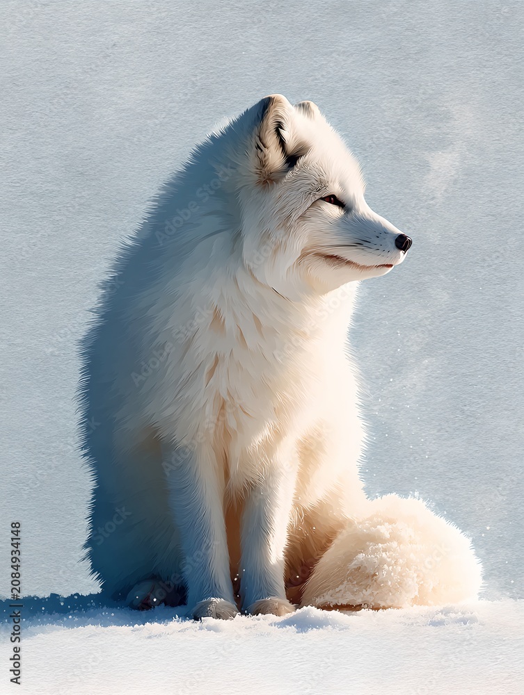 Fototapeta premium An arctic fox sitting regally on a snowy landscape. The fox's thick white fur stands out against the icy backdrop, and its eyes are closed in contentment. A slight mist emanates from its breath.