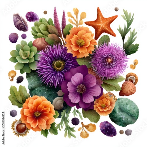 A vibrant collection of colorful flowers, succulents, seashells, and starfish arranged artistically