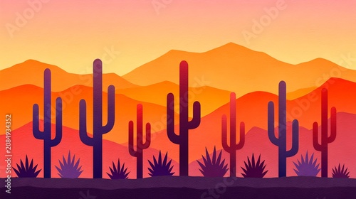 A striking desert landscape at sunset, featuring silhouetted saguaro cacti and layered mountains in warm hues of orange and red