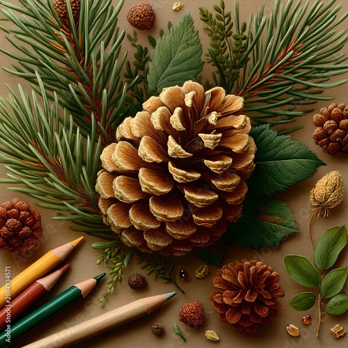 A close-up view of a large pine cone surrounded by pine needles, small pine cones, and colored pencils, suggesting a creative or nature-inspired art project