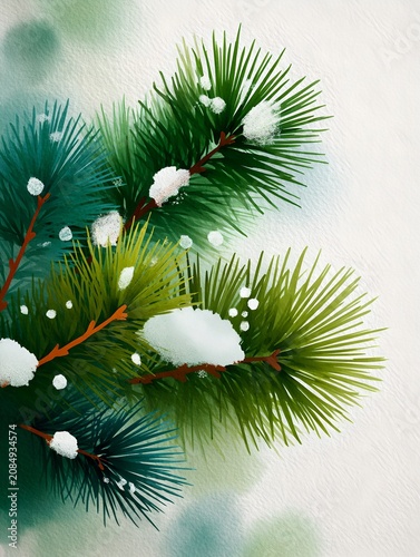 A close-up watercolor painting of a pine branch with snow accents, evoking a serene winter atmosphere