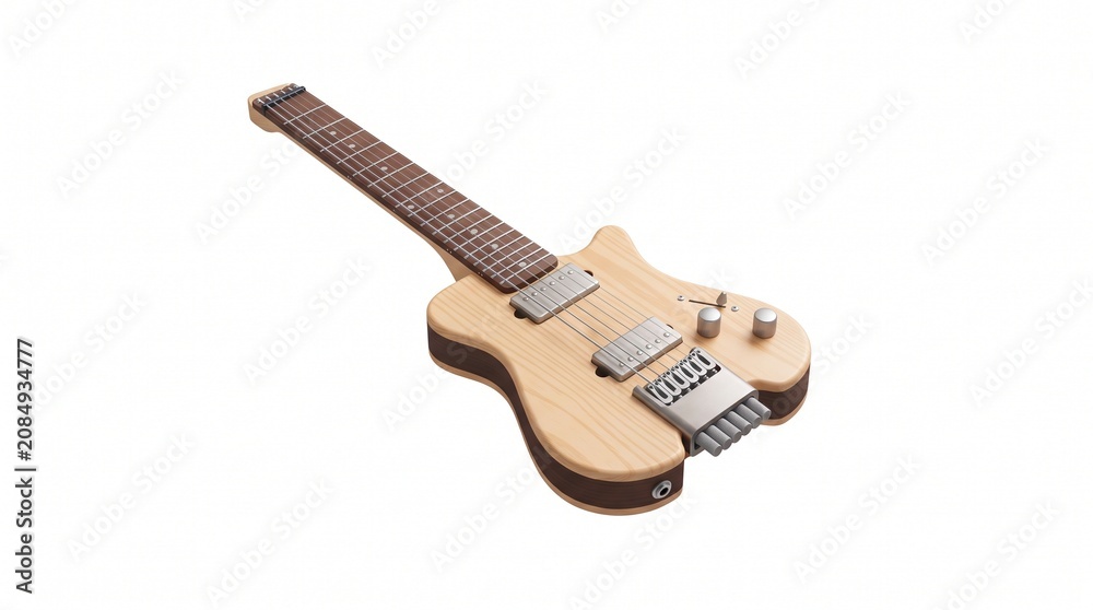 Obraz premium Modern electric travel guitar crafted from light-colored wood, presented in a clean studio shot