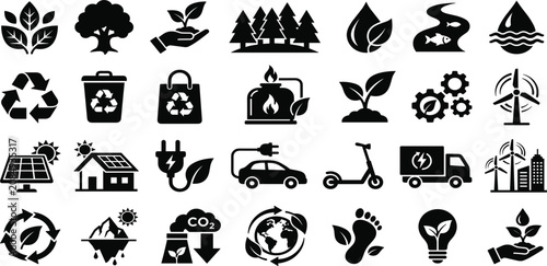 Konstfotografi Environmental Conservation and Ecology Icon Set with Renewable Green Energy Carb
