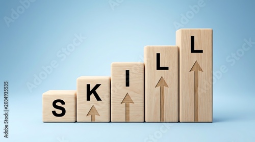 Visual representation of continuous skill development, personal growth, and professional improvement, depicted by wooden blocks spelling 'SKILL' on an ascending path with upward arrows
