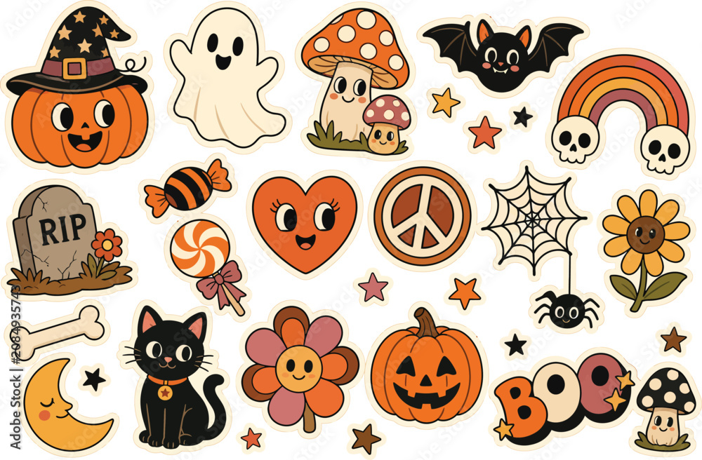Fototapeta premium Retro Halloween Sticker Set Featuring Cute Pumpkin Ghosts And Vintage Groovy Elements For Fall Decor