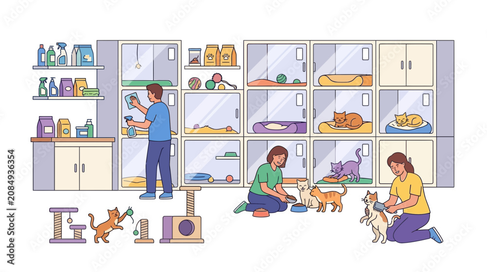 Fototapeta premium People caring for cats in modern pet shelter vector illustration