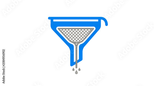 Blue funnel strainer filtering water droplets