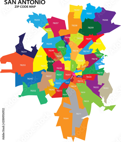 Fotografia Colorful Zip Code Map of San Antonio Texas Showing Regional Districts and Zones