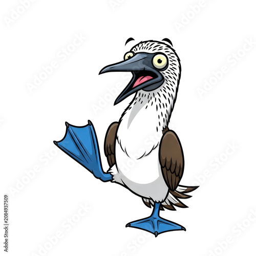 Cartoon blue-footed booby bird standing with open wing