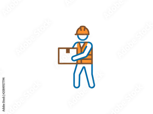 Construction worker carrying clipboard and box