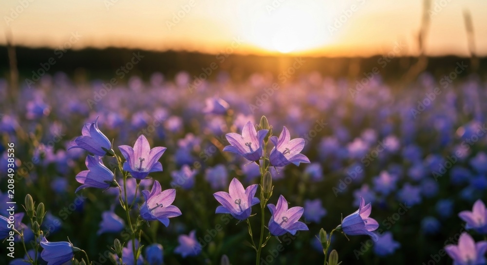Obraz premium Field of purple bell flowers basks in golden sunset glow, soft focus
